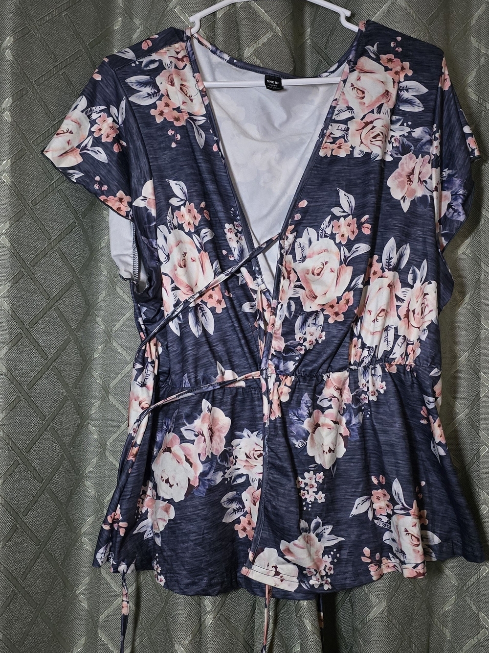 SHEIN Navy Floral Tie-Front Peplum Blouse